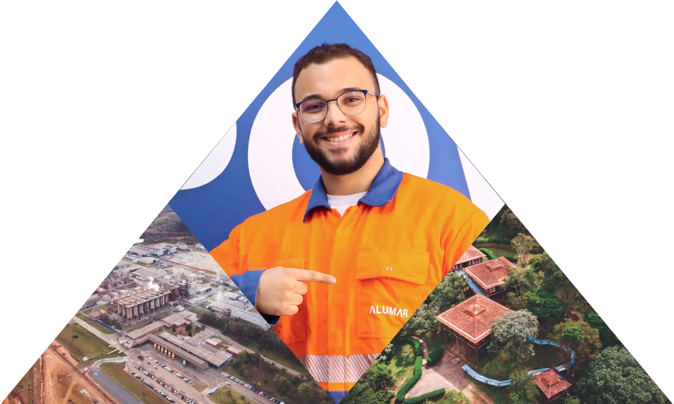 Mosaico de um homem sorrindo utilizando EPI com fotos de drones das fabricas